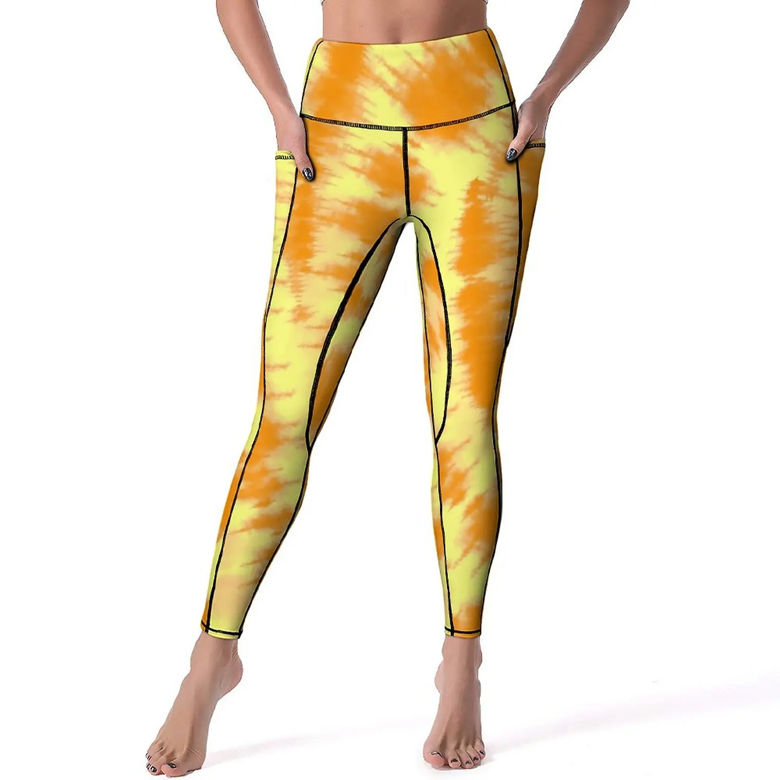 

Tie Dye Print Leggings Orange And Yellow Workout Gym Yoga Pants High Waist Elegant Leggins Stretch Graphic Sport Legging XL XXL