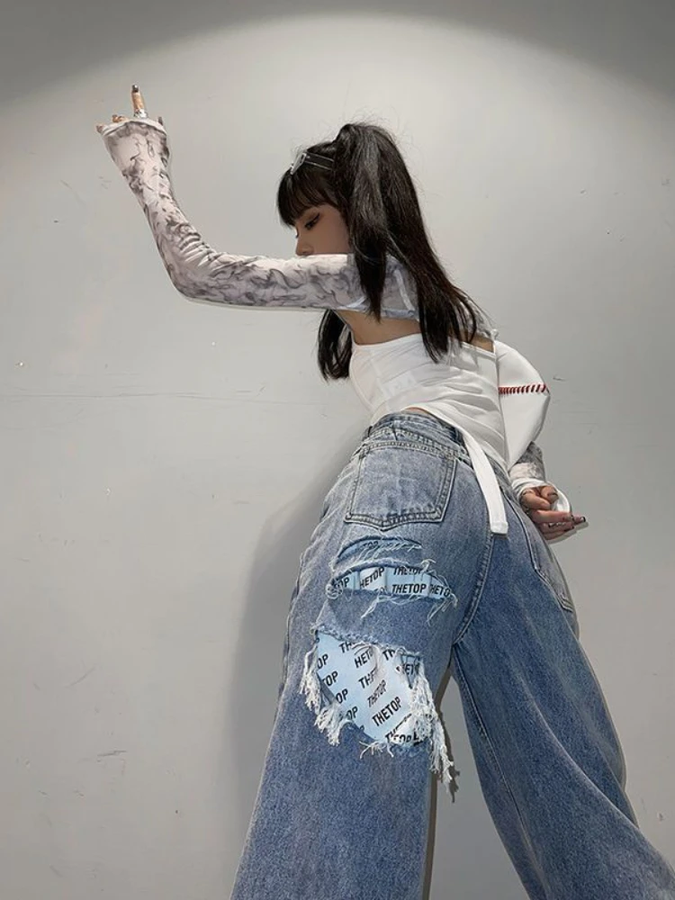 ADAgirl Ripped Jeans for Women Y2k Vintage Blue High Waist Patchwork Fashion Wide Leg Pants Streetwear Baggy Mujer Denim Bottoms