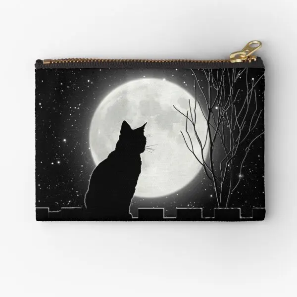 

Silent Night Cat Looking At The Full Moo Zipper Pouches Cosmetic Small Key Coin Men Pocket Underwear Bag Money Women Storage