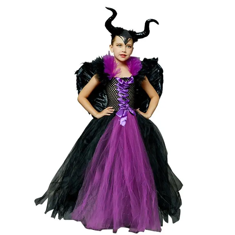 

Evil Dark Queen Halloween Girls Costume Black Dresses Kids Ball Gown Robe Black Wings Horn Headband Kids Cosplay Clothes