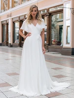 ruched v neck boho flare sleeves vintage simple wedding dress beach country chiffon bride gown robe de mari%c3%a9e wedding gown