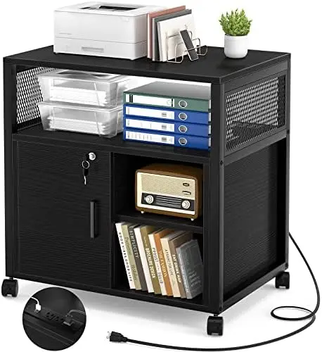

File Cabinet, Locking Office Filing Cabinets with Socket and USB Charging Port, Modern Rolling Printer Stand with Storage for A4