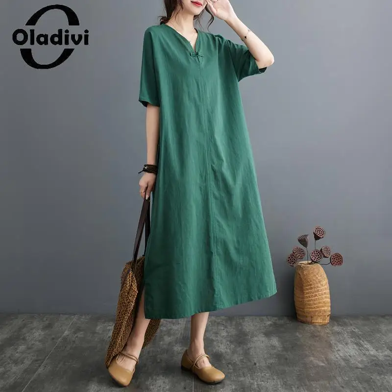 

Oladivi Large Size Women Short Sleeve Cotton Linen Dress 2023 Summer Casual Loose Dresses Vintage Ladies Oversized Clothing 9126
