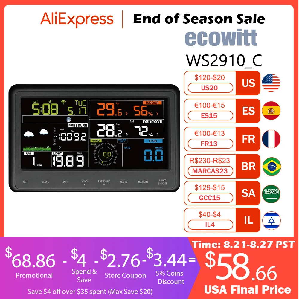 Ecowitt WS2910_C Home Wi-Fi Weather Station Console Monitor 6.75
