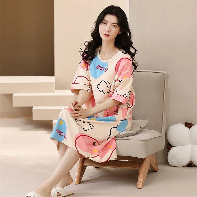CAIYIER Big Size 5XL Women Cotton Nightdress O-Neck Short Sleeve Sleepdress With Chest Pad Casual Girls Summer Pocket Dresses