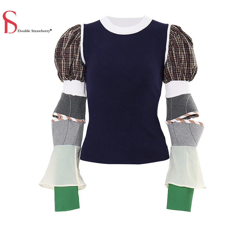 

Quality Spring High and Autumn New Multi-layer Design Removable Puff Sleeve Knit Contrast Color Splicing Sweater Women