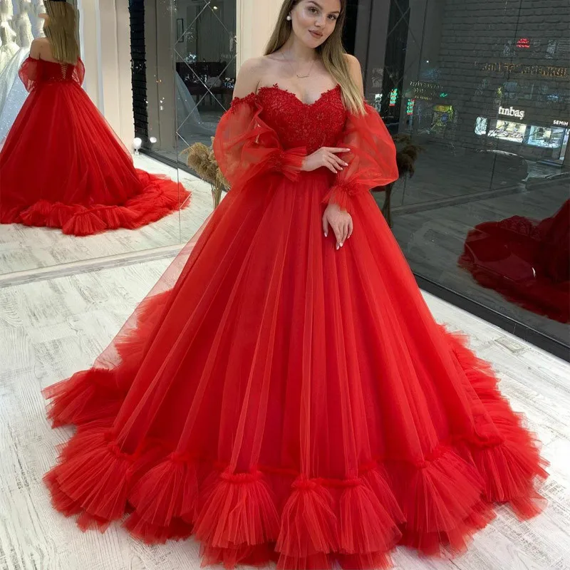

Luxury Sexy One Shoulder 2022 Glamorous Red Prom Dress Lace Appliqué Off Shoulder Sweetheart Neck Tie Back Formal Evening Dress