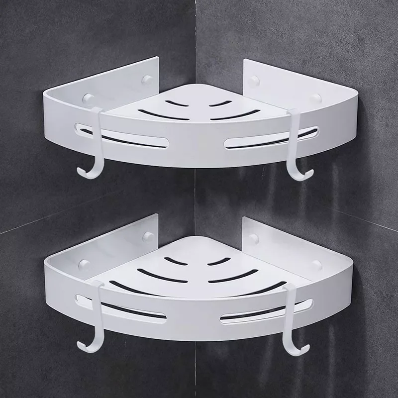 

Bathroom Shower Caddy Corner Shelf with 4 Hooks Bathroom Toilet Kitchen Storage Organizer Adhesive No Drilling Aluminum Shelves