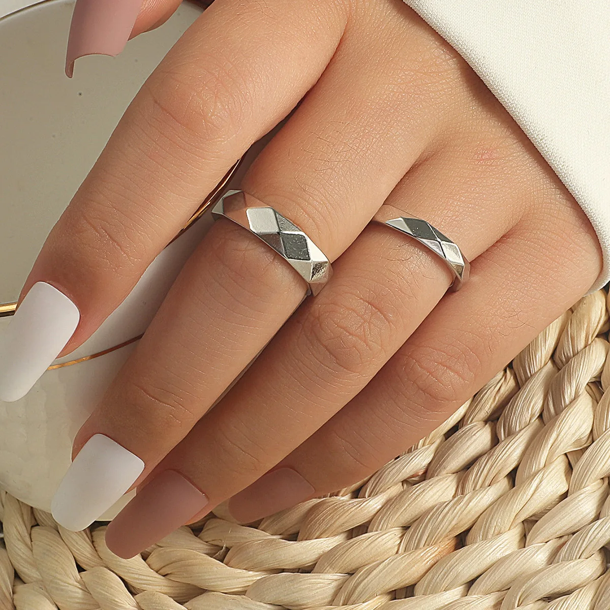 

Minimalism Silver Color Rhombus Rings Young Girl Boys 2/pcs Personality Geometry Rhombus Rings for Woman Man Jewelry Accessories