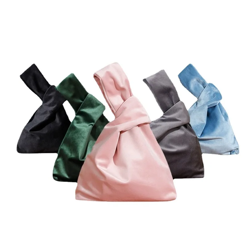 

New Trendy Japanese Style Velvet Wrist Knot Handbag Women Small Soft Warm Knot Handle Purse Ladies Portable Daily Clutch Bag