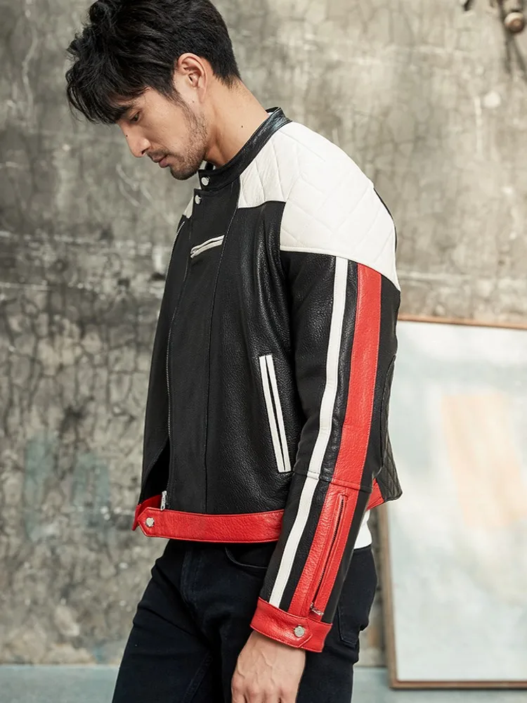 Мужская байкерская куртка из натуральной овечьей кожи с воротником-стойкой