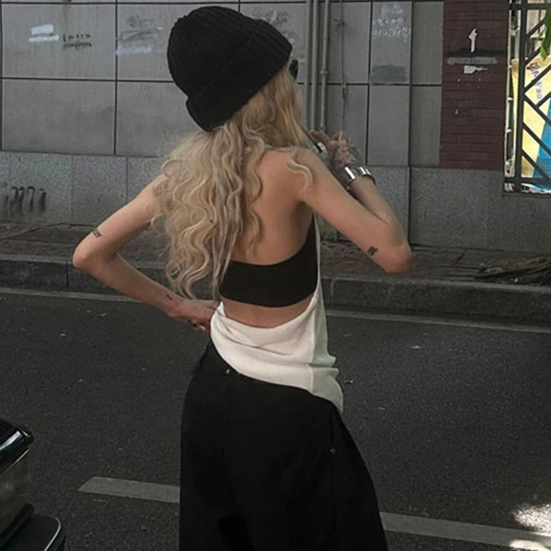 Женская Трикотажная майка с лямкой на шее однотонная Облегающая открытой спиной