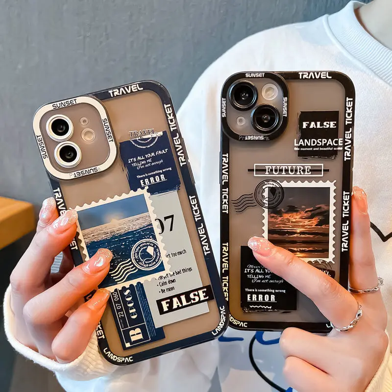 

Creative Landscape Stamp Label Phone Case For iPhone 13 12 11 Pro XS Max X XR 7 8 Plus Soft Silicone Camera Lens Protect Cover
