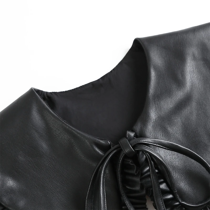 

CPDD Women Faux Leather Black False Collar Shawl Doll Ruffled Wrap Self-Tie Poncho