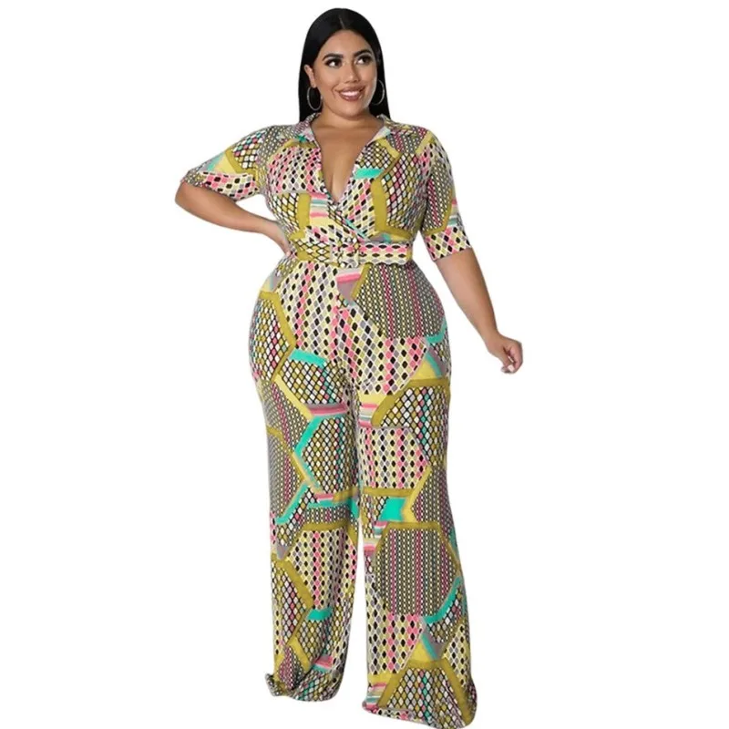 

Fashion Printed Short Sleeve Big Size Jumpsuit For WomenStretch Bodysuit Bazin Baggy Pants Africaine Femme Clothes With Belt 5XL