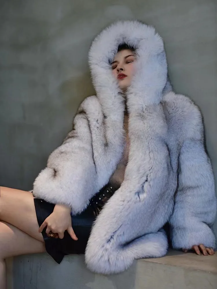 Whole leather hooded imported red blue silver fox fur young medium and long fur coat women 2022 winter can be customized