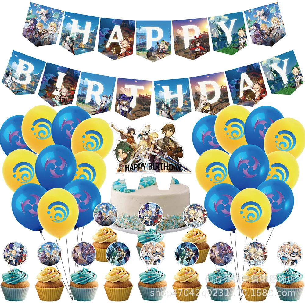 

Genshin Impact Themed Birthday Party Decoration Disposable Game Figure Tableware Set Balloon Banner Topper Arrangement Supplies