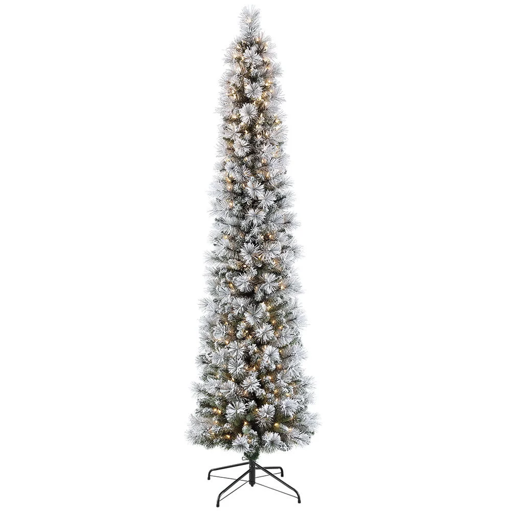 

Puleo International 6.5 ft. Pre-Lit Flocked Portland Pine Pencil Artificial Christmas Tree with 300 UL- Listed Clear Lights