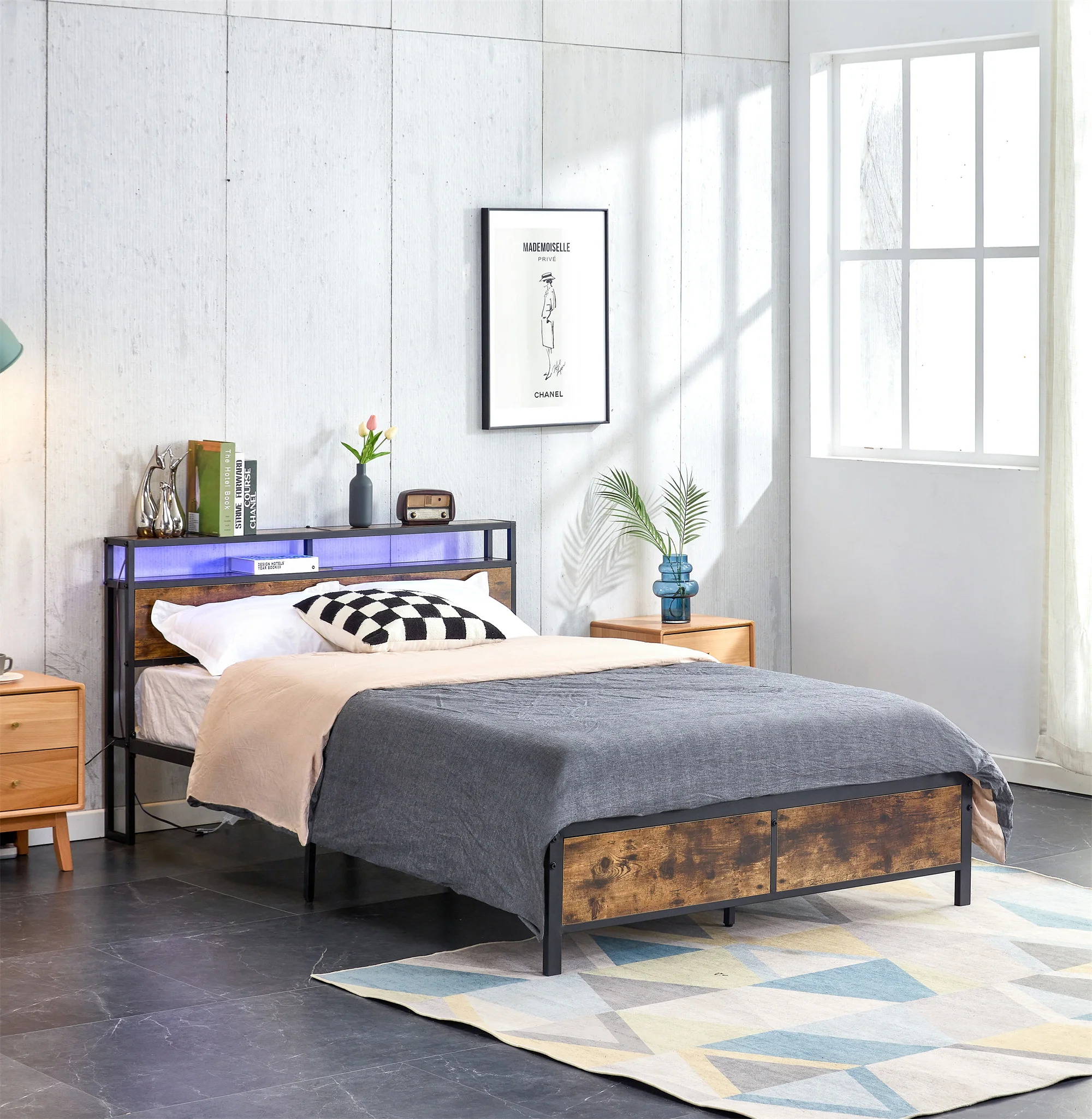 With Led Lights&2 Usb Ports&storage Rustic Brown Noise Free No Box Spring Needed[us-w]