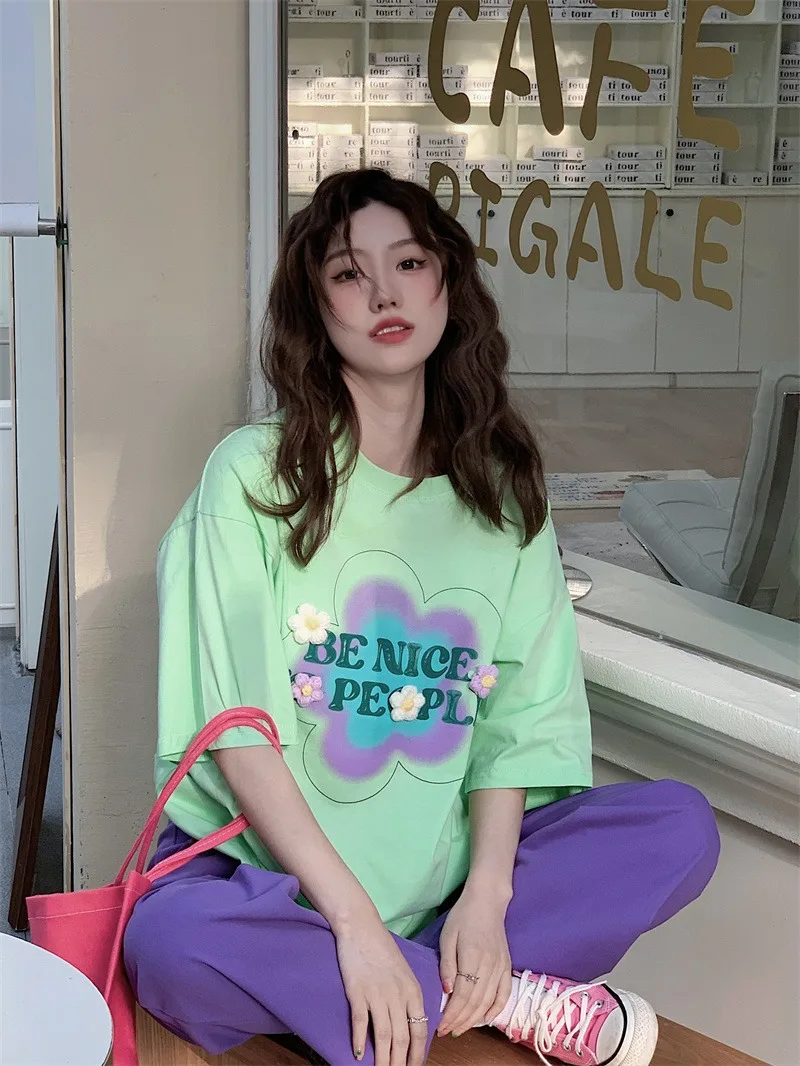 

Vintage Ins Floral Letter Print Loose Tshirt Women's T-shirts Tops Japanese Ulzzang Female Korean Harajuku Clothes For Women