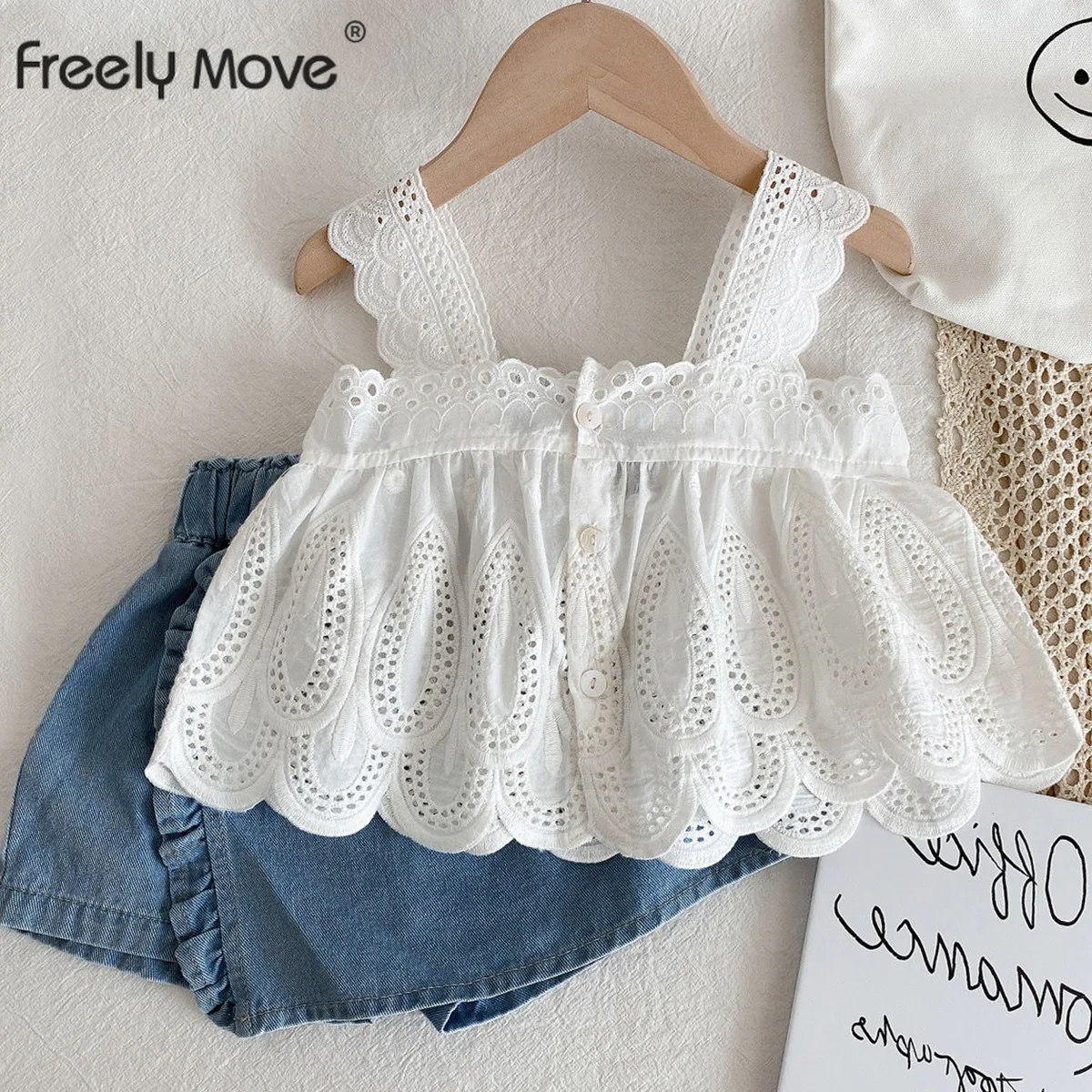 

Freely Move Girls Set New Fashion Girls Baby Lace Camisole Tops Denim Culottes Two-piece Children's Summer Clothes Suits
