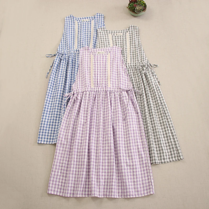 Японское милое винтажное клетчатое хлопковое платье на бретелях Mori для девочек