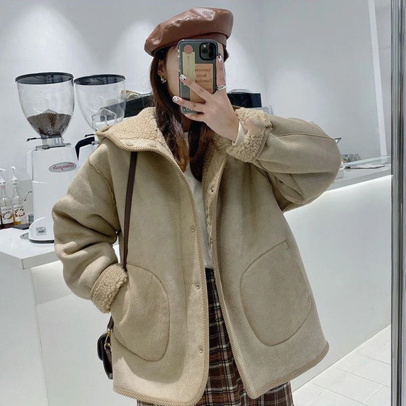 

Two Sides Wear Lamb Wool Coats Women 2022 Autumn Winter Warm Thicken Hooded Jacket Woman Casual Loose Long Sleeve Outerwear Tops