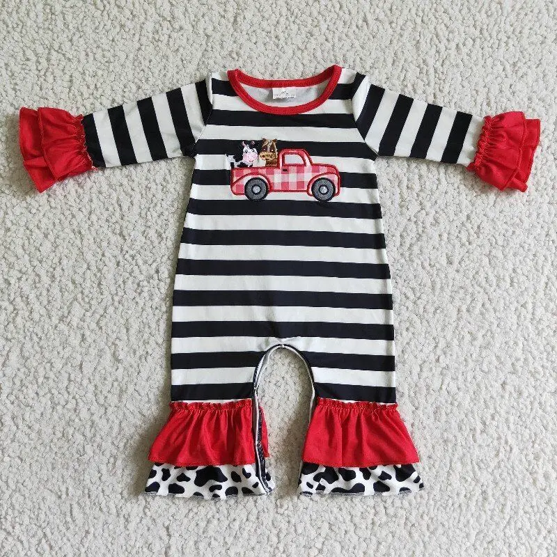 

girls romper embroidery cow pattern black stripe long sleeve autumn winter 100% cotton baby clothing wholesale china
