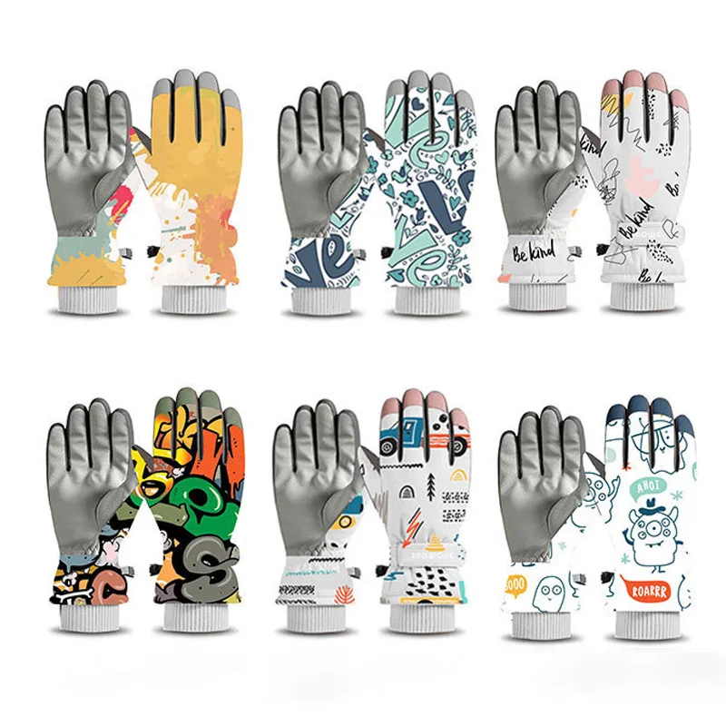 

Children Ski Glove for Girls Boys Waterproof Thicken Five Fingers Gloves Keep Warmer Cartoon Print Winter Snow Kids Mitten 4-12Y
