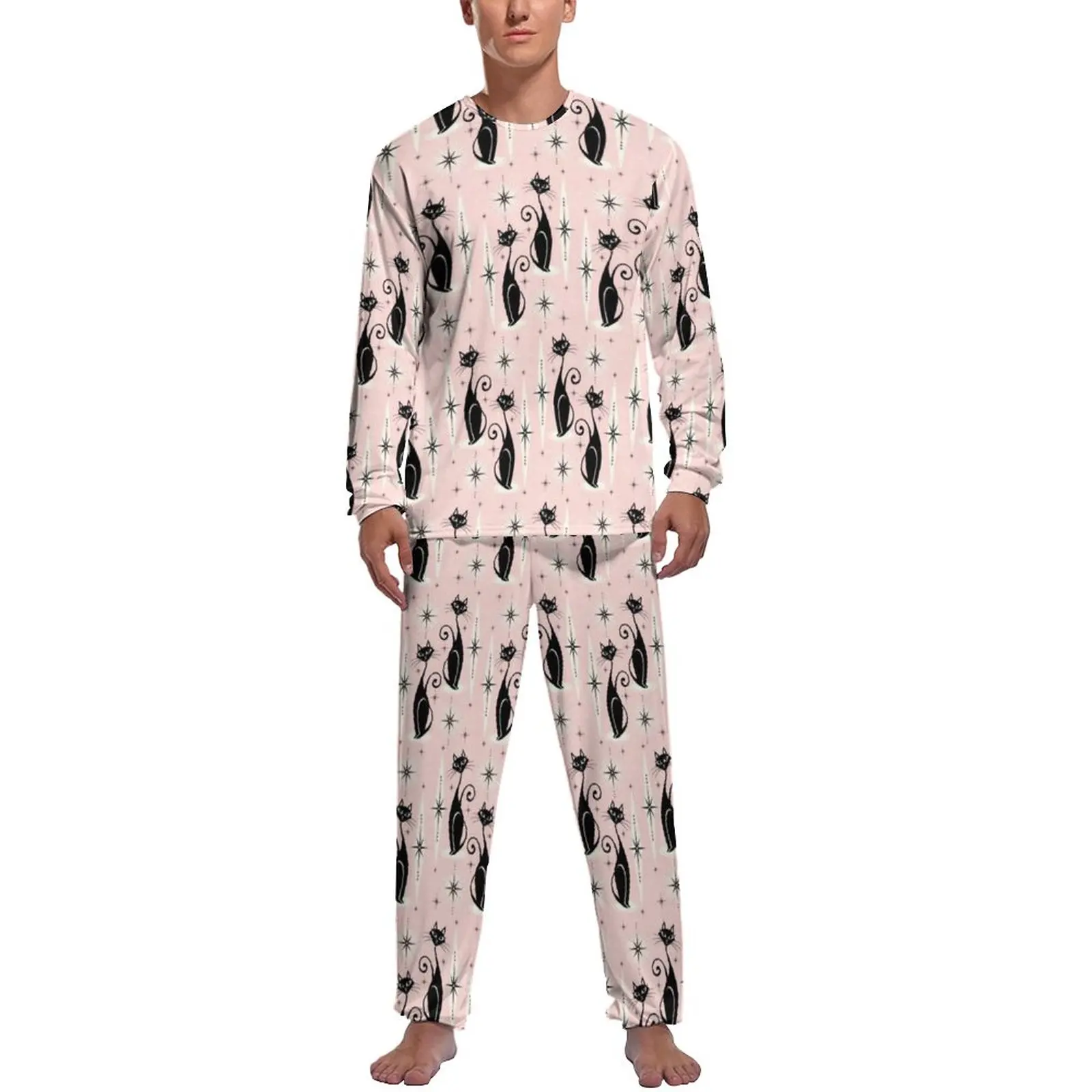 

Retro Black Cat Pajamas Mid Century Meow Male Long-Sleeve Cute Pajama Sets Two Piece Home Spring Design Sleepwear Gift