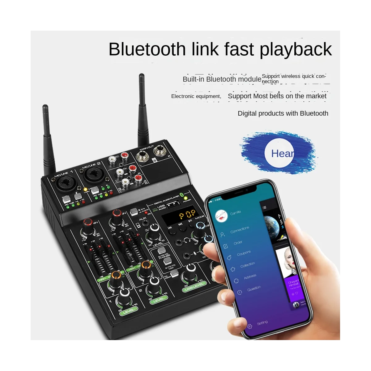 

4 Channel USB Audio Mixer with Wireless Microphone Studio Sound Mixers with Bluetooth REC DJ Console Mixing A