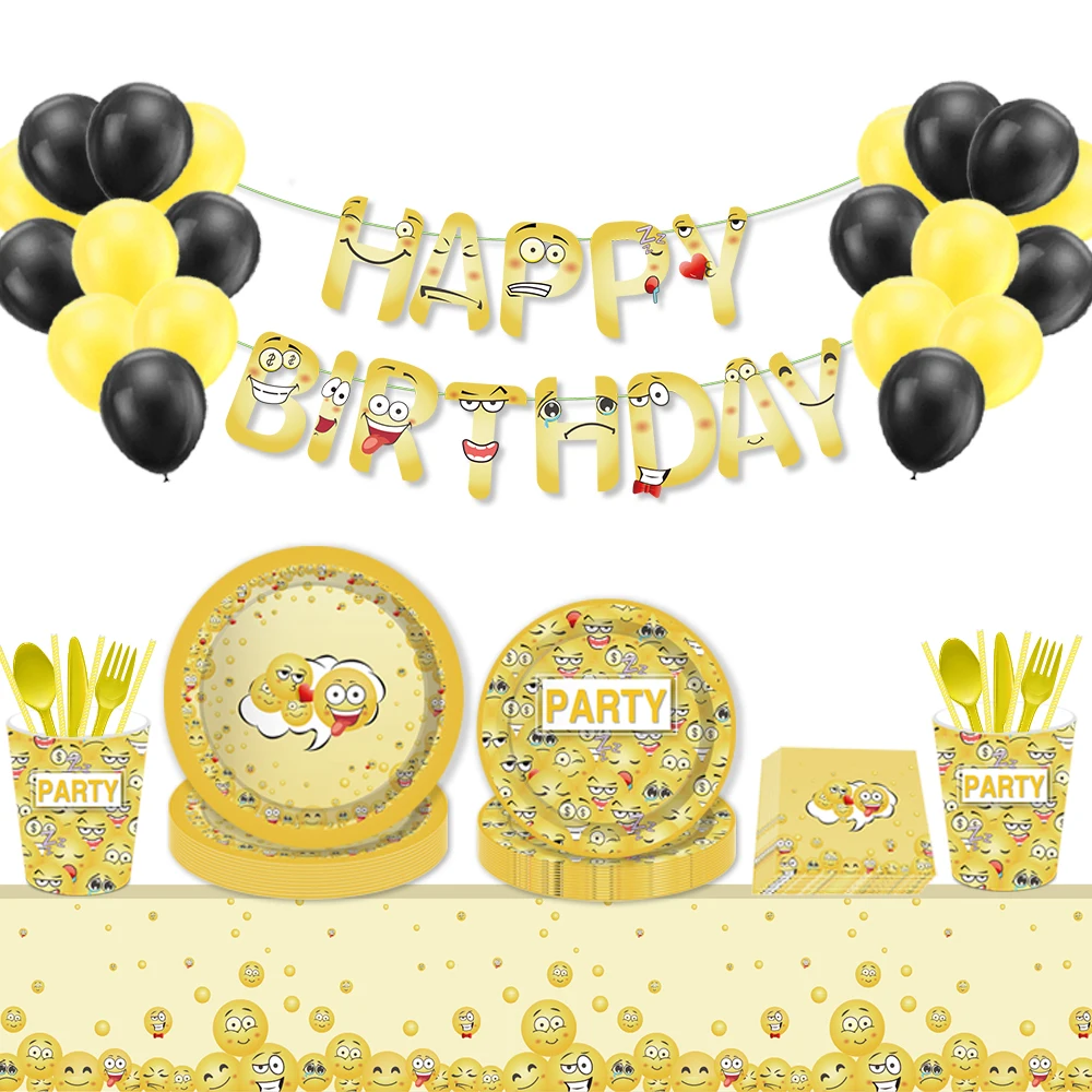 

Kids Funny Facial Expression Birthday Party Disposable Tableware Sets Plates Banner Swirls Backdrops Baby Shower Party Supplies