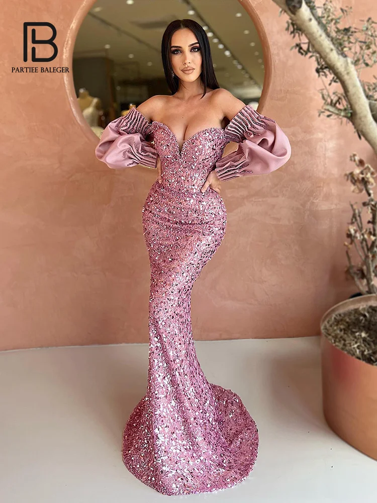 

Dresses For Women 2023 Pink Sparkly Sequins Strapless Puff Sleeves Mermaid Maxi Prom Gown Cocktail Evening Party Bodycon Dress