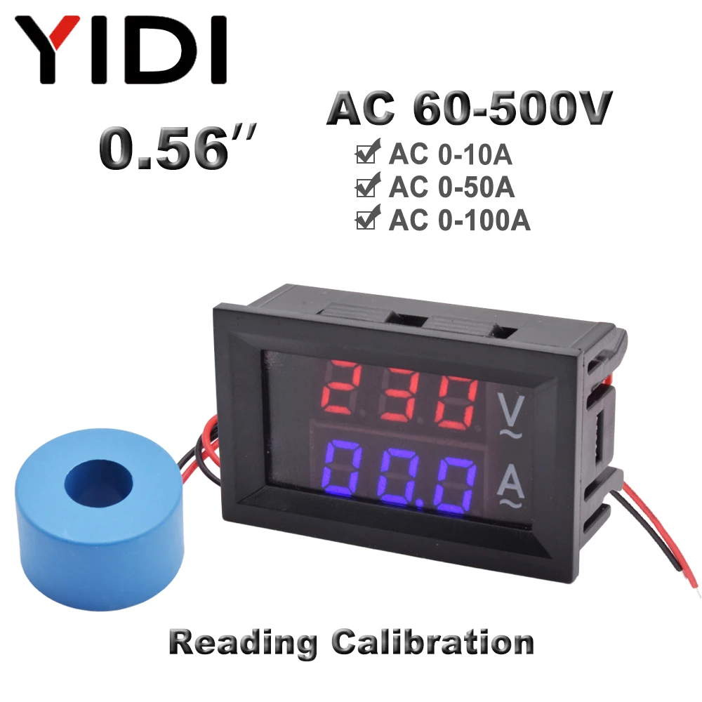 0.56'' Digital Dual Dispaly Voltmeter Ammeter 10A 50A 100A AC 60-500V 220V Voltage Amp Meter Measurement Current Transformer