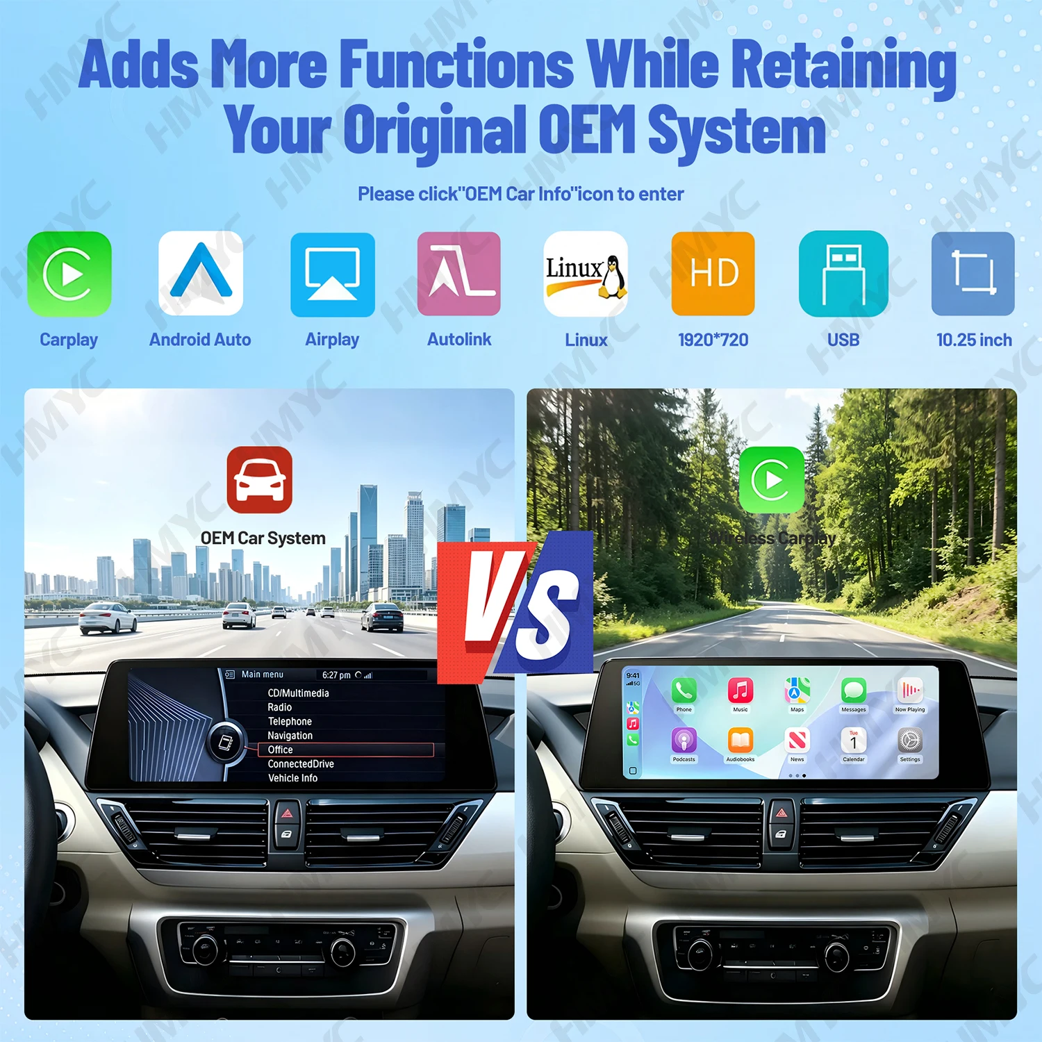Фото 10.25-дюймовый HD мультимедийный сенсорный экран с беспроводным CarPlay и Android Auto для BMW X1 E84 2009-2015, система CIC, автомобильная навигация, стереодисплей №3