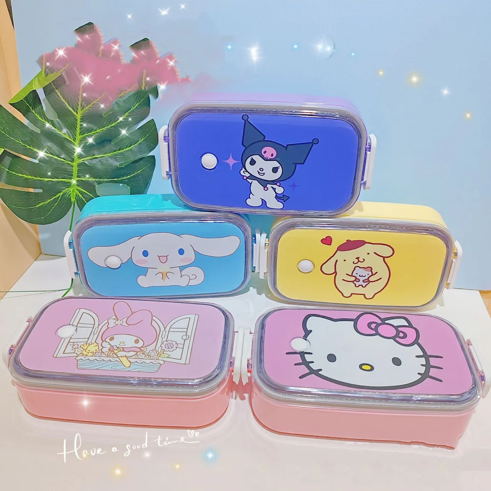 

Sanrio Kawaii Hello Kitty Ланч-бокс Kuromi My Melody Cinnamoroll мультяшный милый пластиковый Ланч-бокс Студенческая квадратная коробка Ins для фаст-фуда