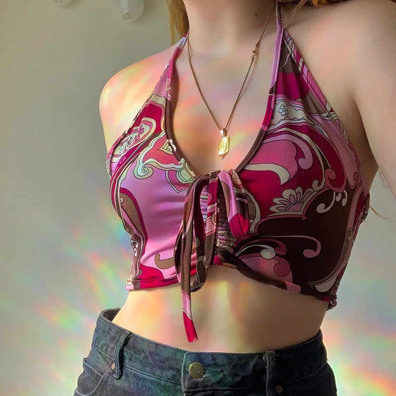 

Fashion Y2K Nine Points Top Ladies Deep V Neck Halter Tie Dye Printed Vest Camis 2021 Lace-up Beach Party Sexy Camisole Top