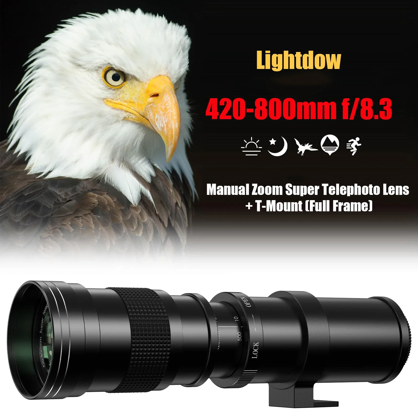 Фото Супертелеобъектив Lightdow 420-800 мм f/8,3 с ручным зумом + Т-образное крепление (полная рамка) для Canon Nikon Sony Fuji M43 Pentax L mount №2