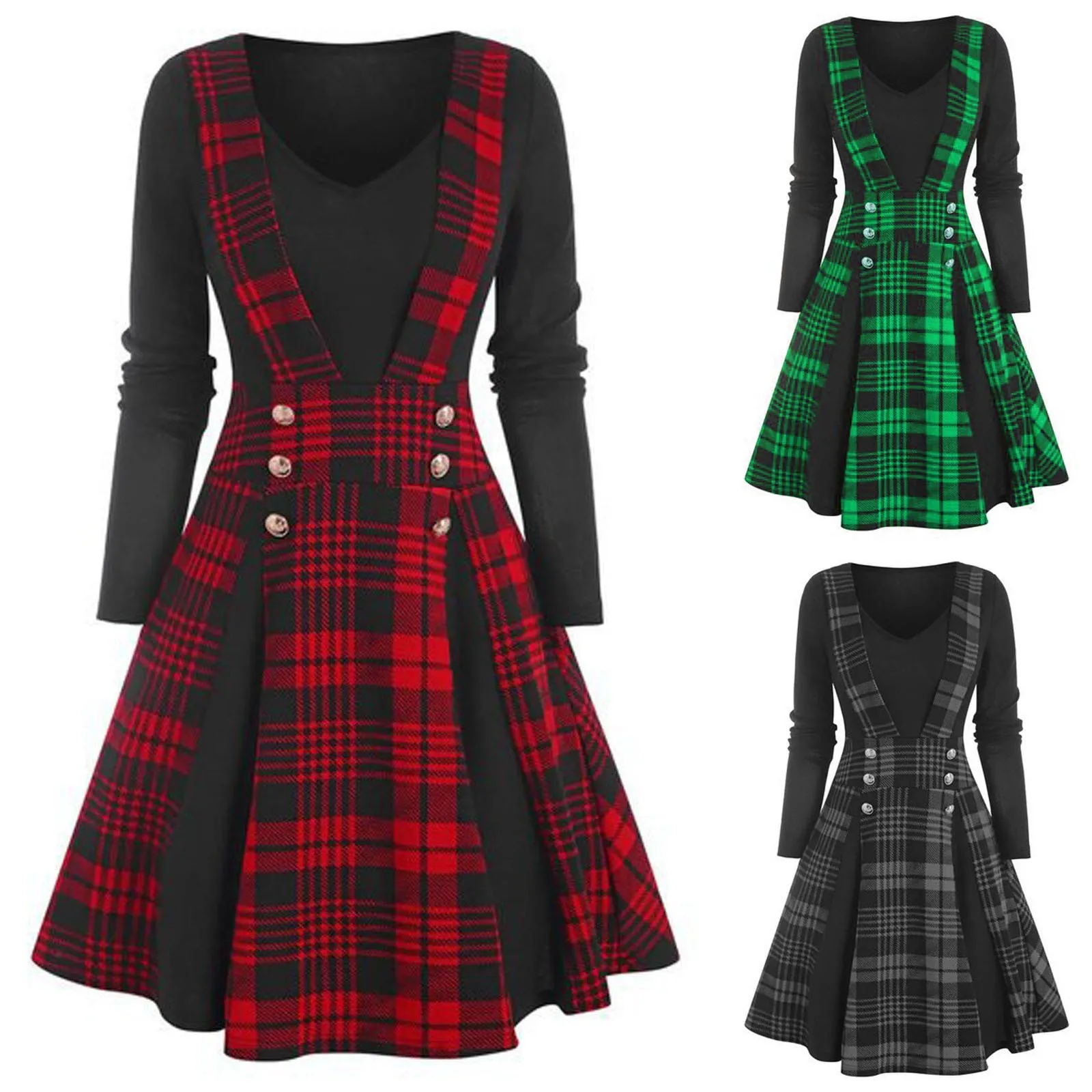 

Длинное Повседневное платье для женщин, повседневное клетчатое платье с длинным рукавом, V-образным вырезом, платье на пуговицах, широкие платья для молодых женщин