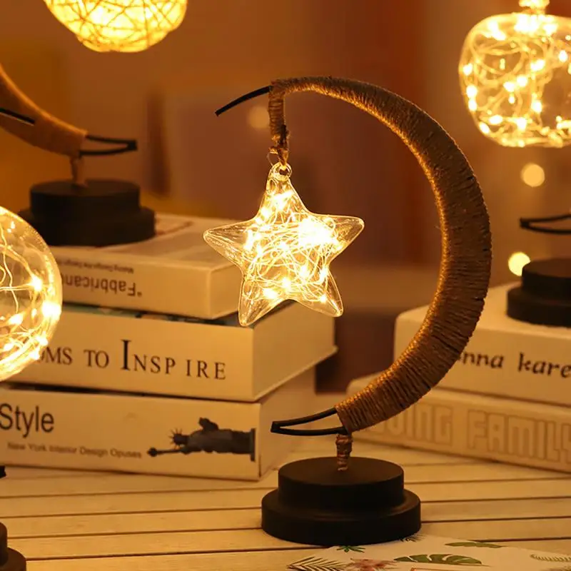 

Led Star Rattan Ball Wishing Table Lamp Hemp Rope Wrought Iron Desk Decoration Night Light Christmas Hoilday Party Home Decor