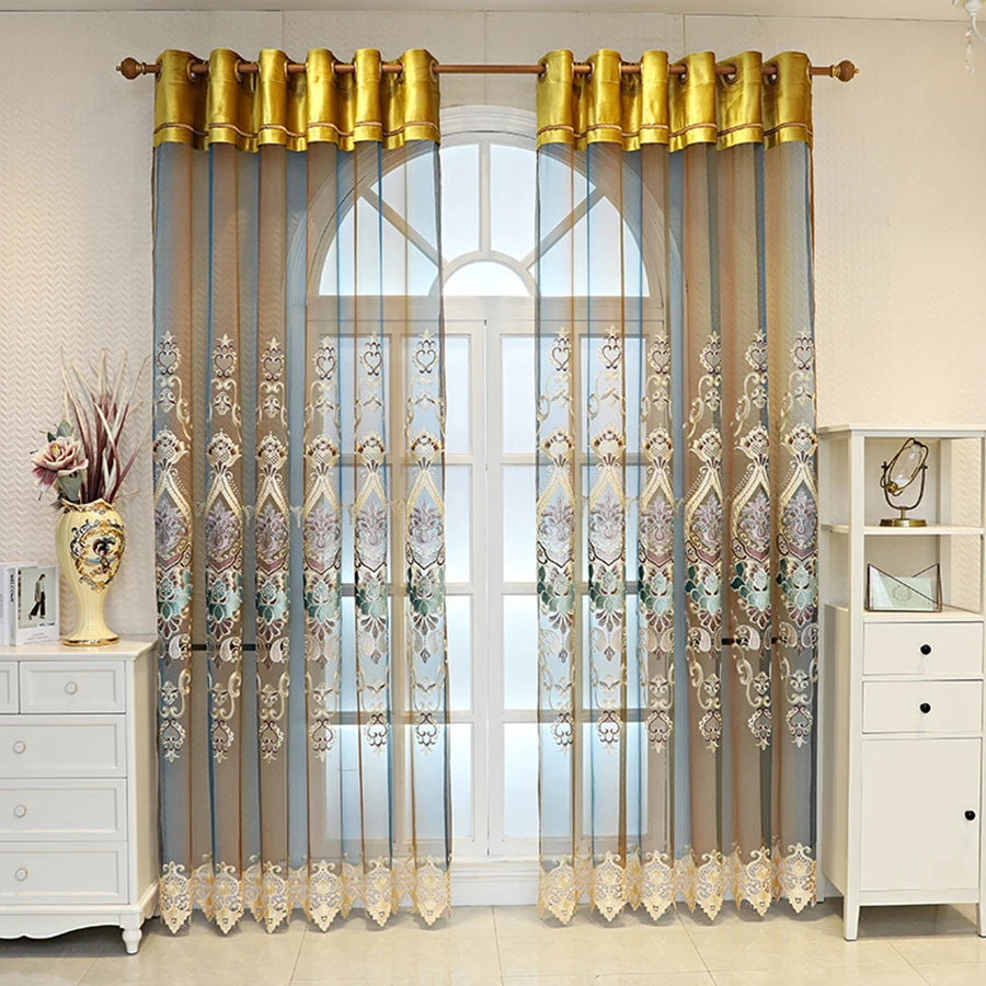 

Blue Luxury Embroidery Stitching Yellow Flannel Valance Curtain Exquisite Floral Sheer Bedroom Curtains Window Treatment Drapes