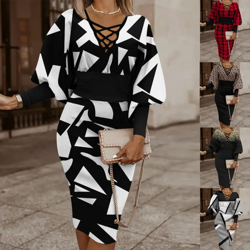 

Women Elegant Bodycon Dress Sexy V-neck Long Sleeve High Waist Slim Pencil Dress Autumn Winter Fashion Print Office Lady Dresses