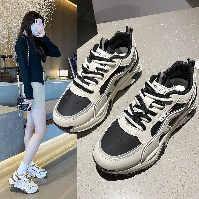 Women's shoes Daddy shoes 2023 spring new round head casual shoes ins tide cake thick sole sports casual shoes