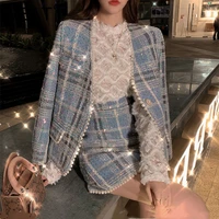 women tweed suit female 2022 autumn winter new casual high street noblewoman clothes sequin plaid skirt sets office lady wear