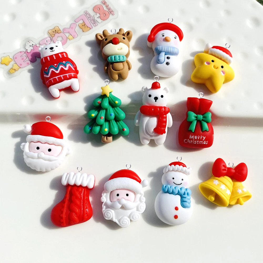 10Pcs Kawaii Christams Sets Charms Cute The Santa Claus Gift Tree Socks Star Snowman Bear Pendant for Jewelry Making Findings