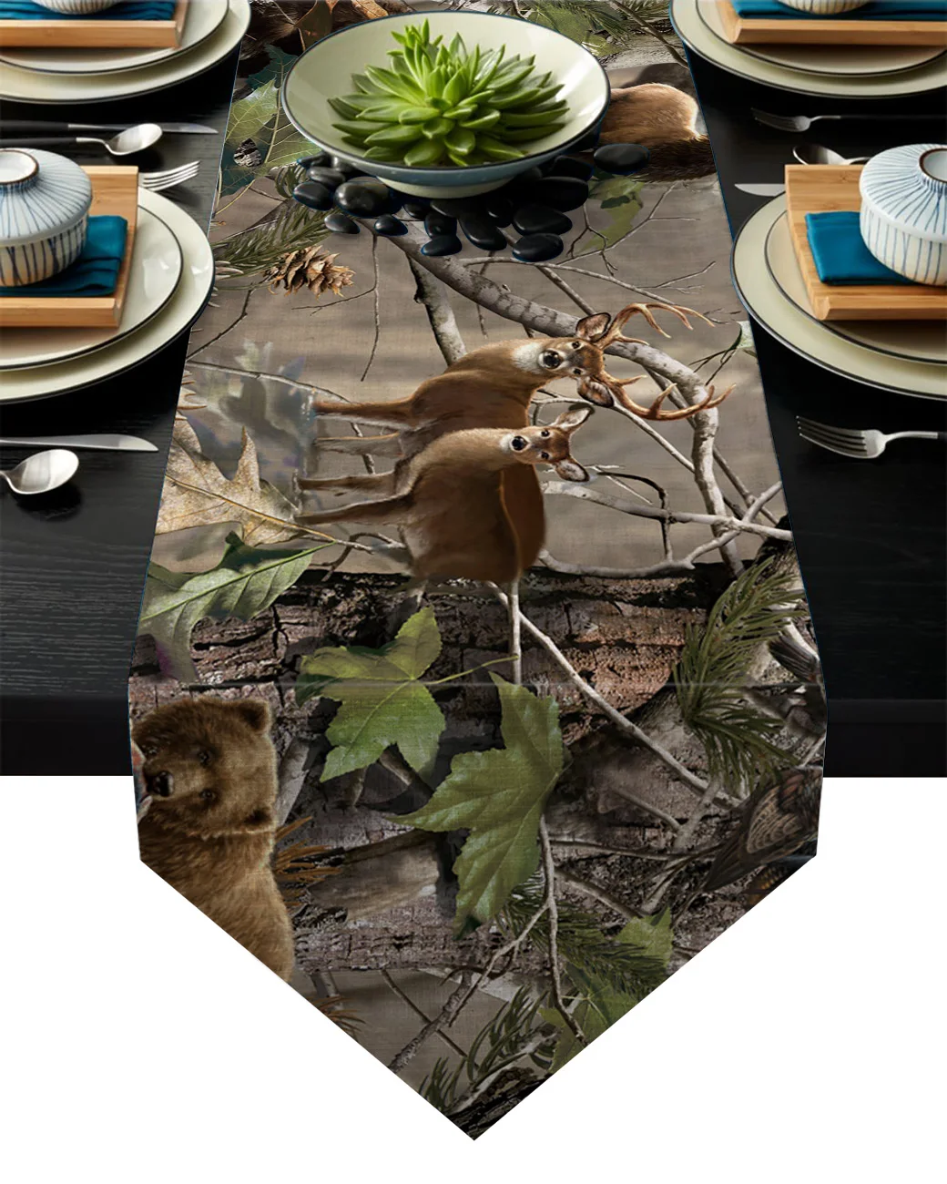 

Long Table Runner Tree Animal Elk Bear Linen Burlap Table Cloth Runner for Kitchen Wedding Holiday Parties Events Decoration