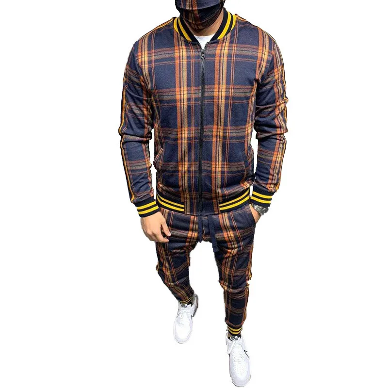 

2020 New Colorful Plaid Men suit gyms Zipper Set Autumn Tracksuit Set Male Sweatshirt Pocket Running suit Tracksuit Mens set