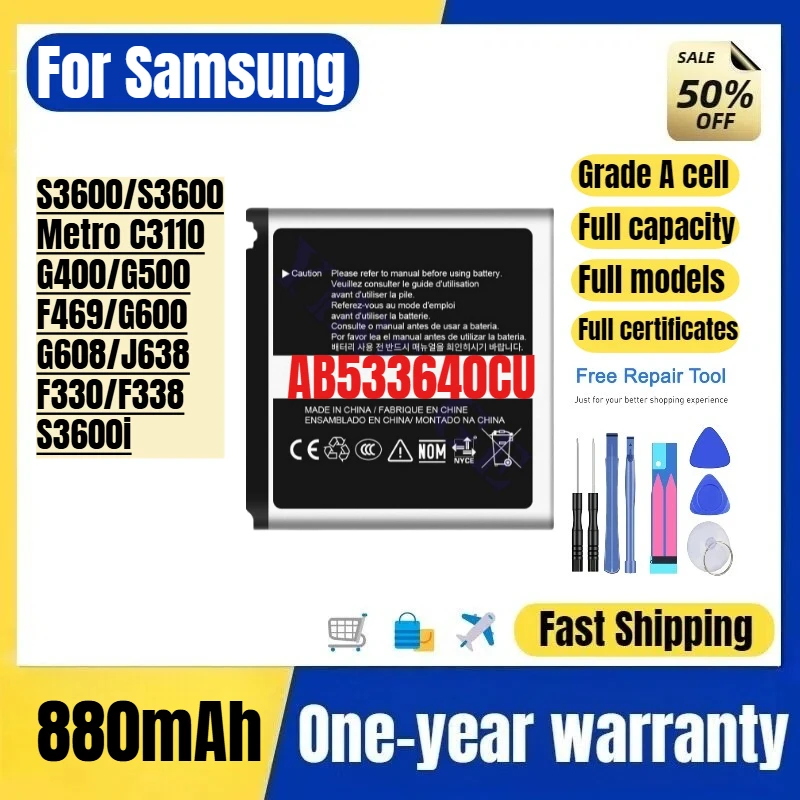 Фото Аккумулятор AB533640CU для мобильных телефонов Samsung S3600/S3600/Metro C3110/G400/G500/F469/G600/G608/J638/F330/F338/S3600i с инструментами для замены №1