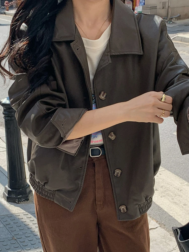 Vintage Korean Leather Jacket Women 2022 Autumn Warm Long Sleeve Loose Biker Coats Female Black Streetwear Chic Jacket Outerwear