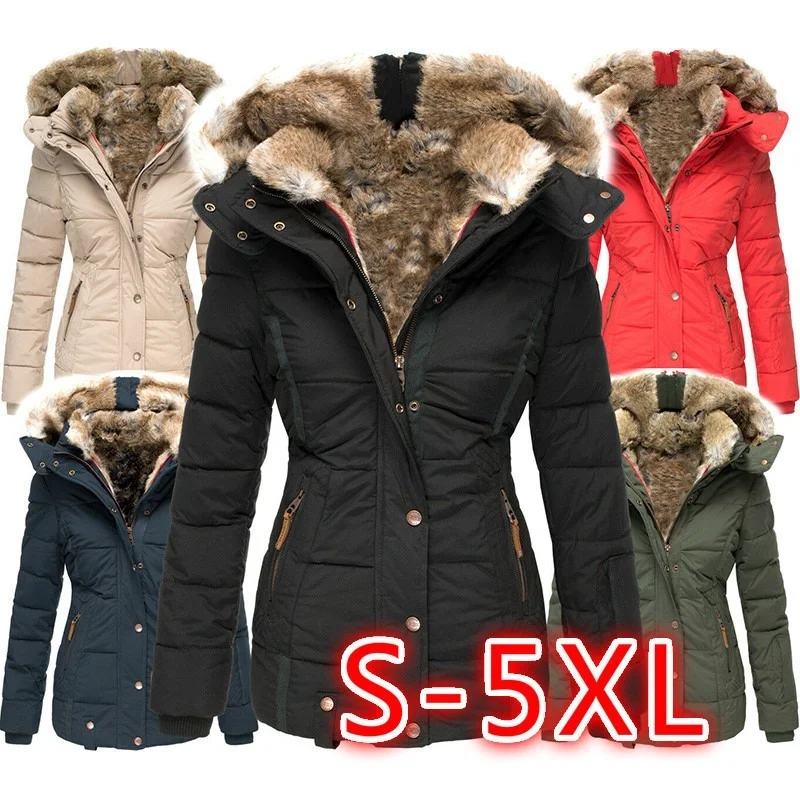 New Style Ladies Winter Warm Fur Collar Cotton Coat Zipper Long-sleeved Slim Cotton Coat Hooded Coat